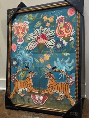 NWT 18 X 24 Sapna Shah Embroided Twin Bengal Tigers Wall Art  RARE